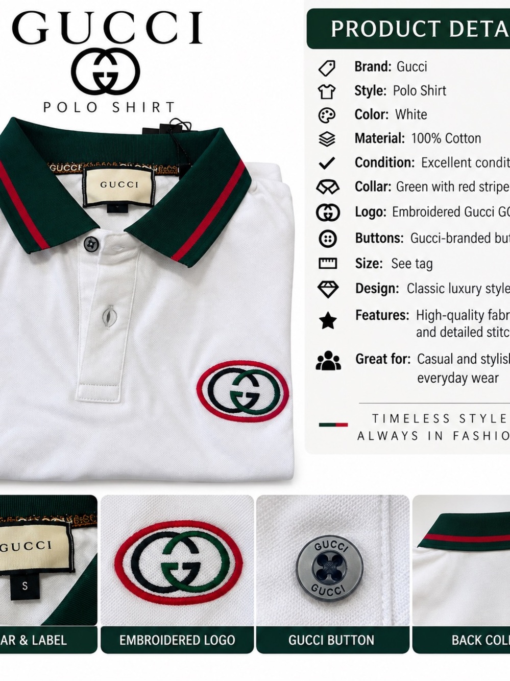 Gucci White Polo with Green Collar and Red Stripe Trim